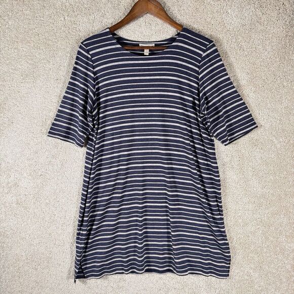 Eileen Fisher Tunic Navy Gray Stripe Womens Medium Round Neck Stretch Shirt Top - Picture 3 of 11